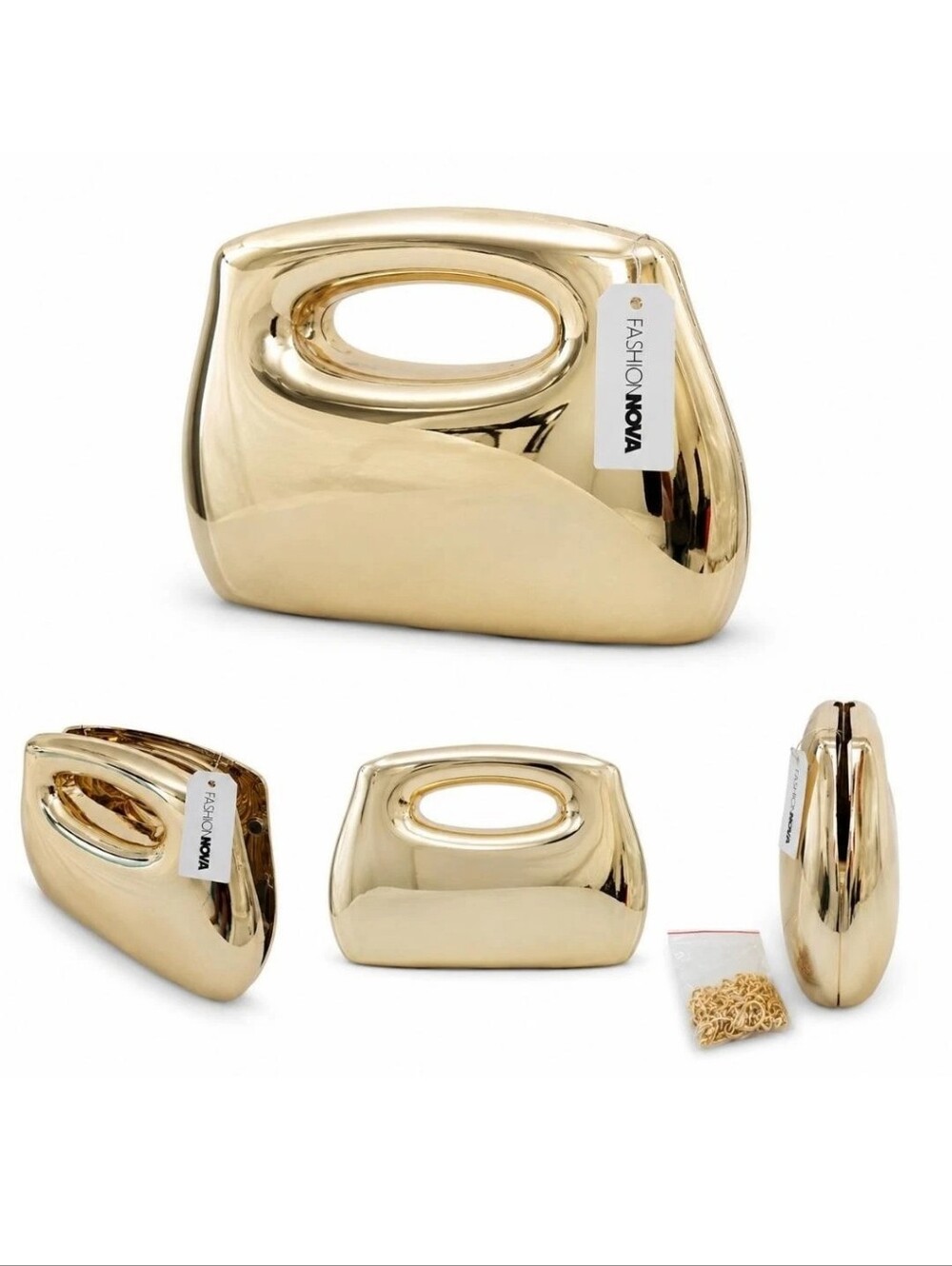 Fashion Nova Shiny Gold Sculpted Handle Clutch